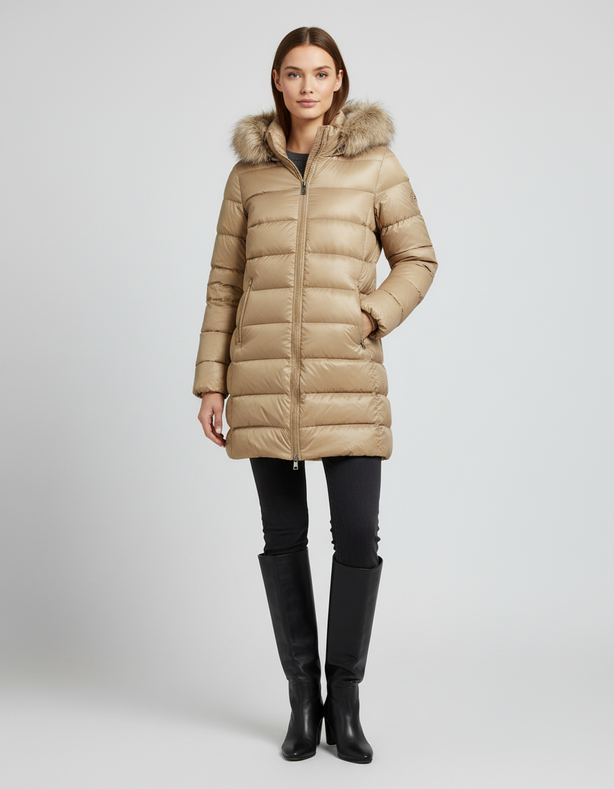 Beige puffer jacket with fur hood after